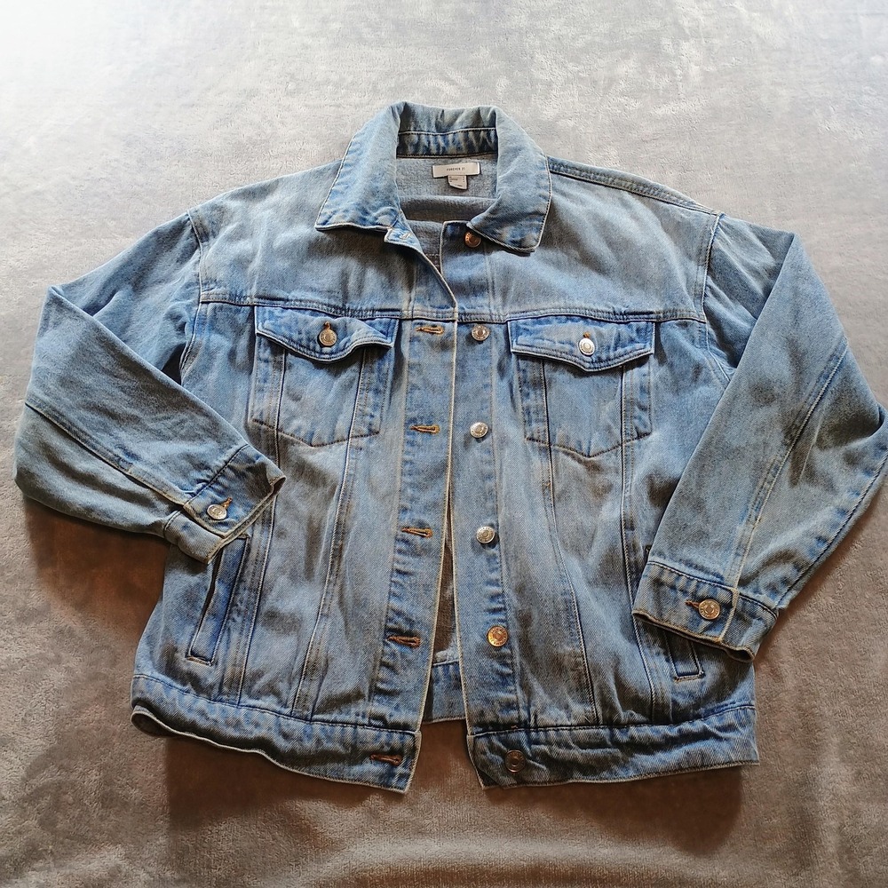 Forever 21 Jacket Womens Small Blue Denim Paradise Tropical Back Graphic Trucker